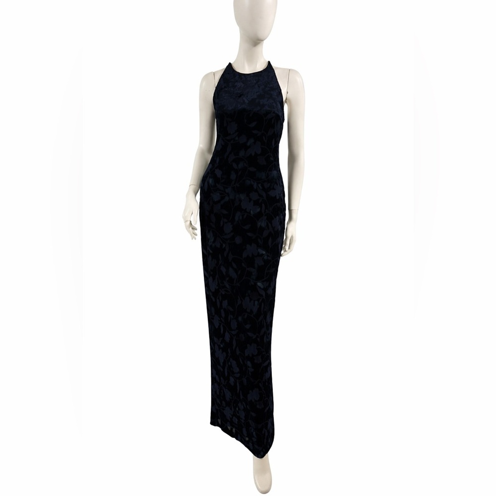 Rhapsody 90s Blue Floral Velvet Criss Cross Back Gown
